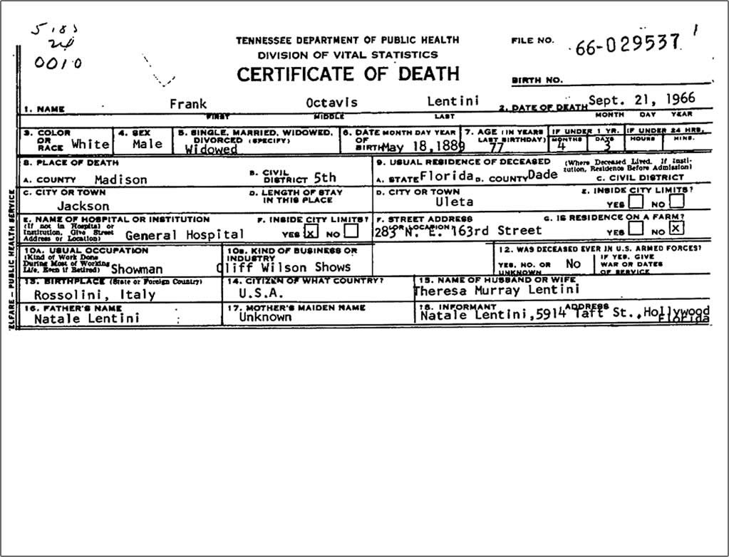 Francesco Lentini Death Certificate
